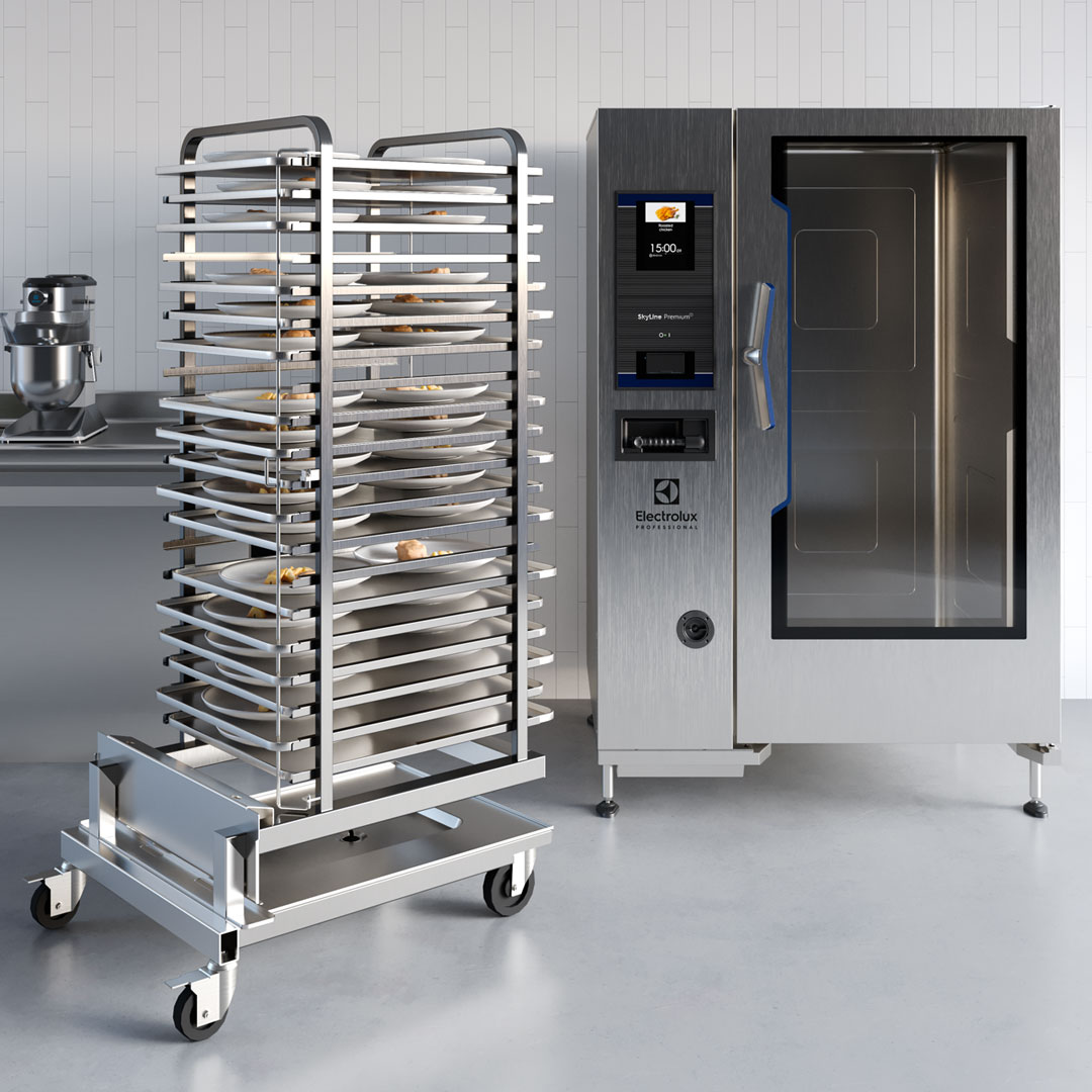 Electrolux Professional SkyLine combi oven with banqueting cart ready to serve meals